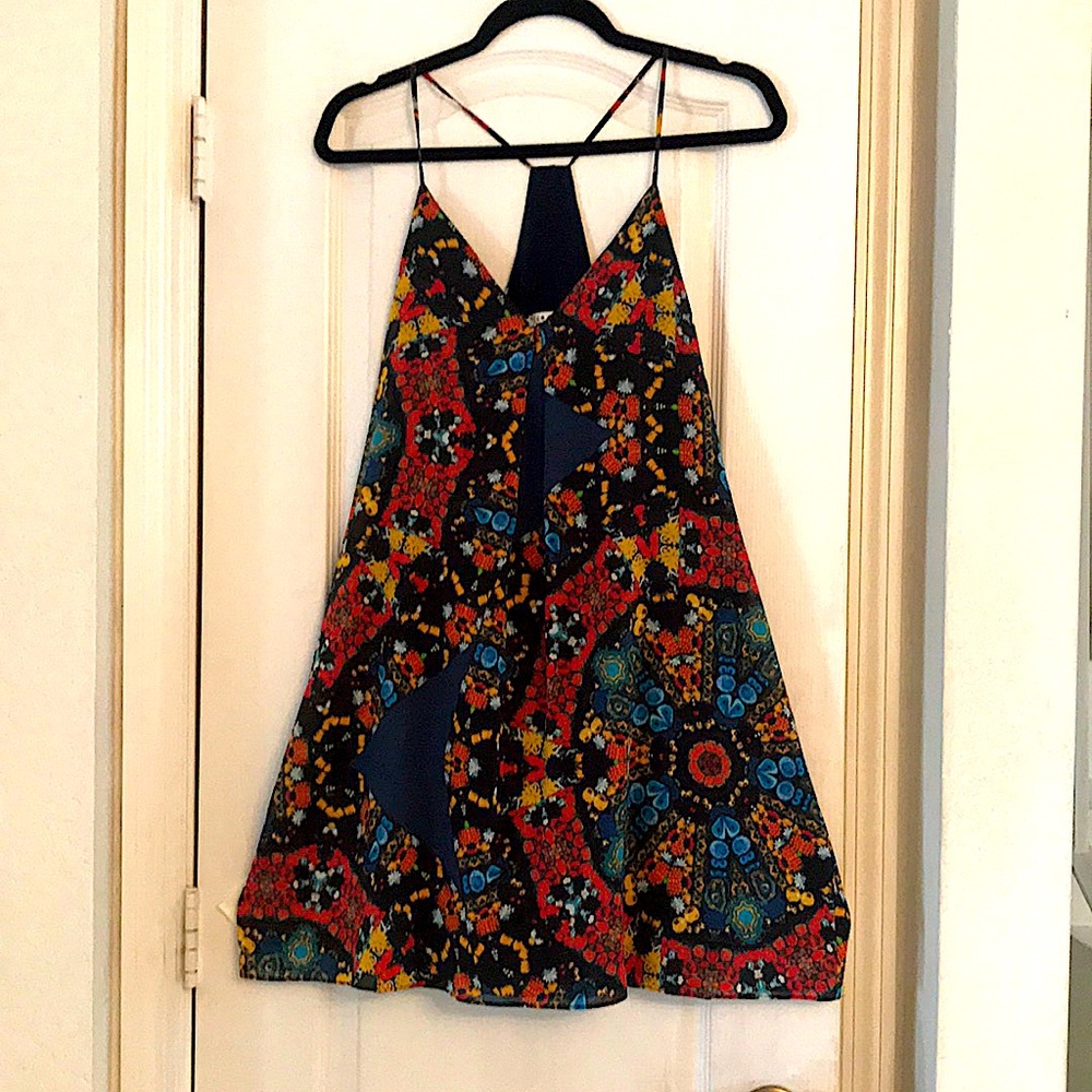 Alice +Olivia multi color patterned silk dress lined in midnight blue. Worn once
